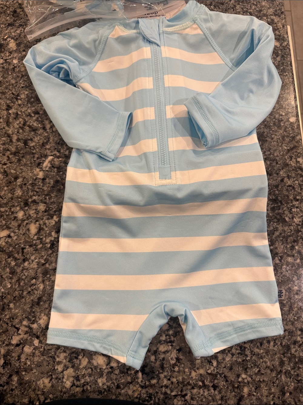 IZOD Blue & White Stripe 1-Piece Swimsuit w/ water shoes and waterproof sun hat